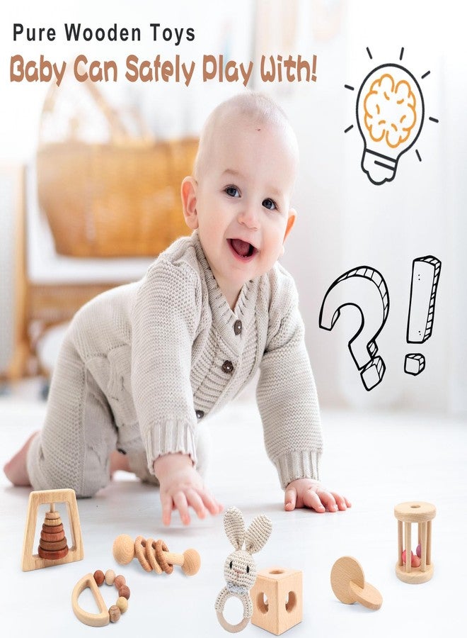 SZMODEX Wooden Baby Rattle, 7PCS Wooden Baby Toys for Babies 18-36 Months, Wood Montessori Toys with Crochet Rabbit Rattle for Infant Grasping, Gift for Baby Girls Boys - Image 3