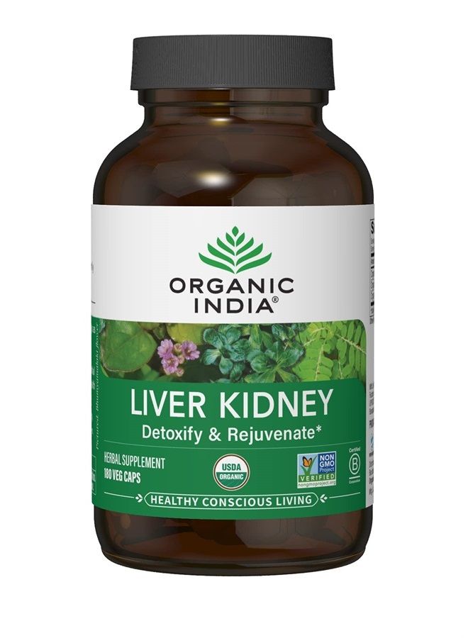 Organic India Liver Kidney Herbal Supplement - Detoxify & Rejuvenate, Supports Healthy Liver & Kidney Function, Vegan, Gluten-Free, Kosher, USDA Certified Organic, Non-GMO - 180 Capsules  - Image 1
