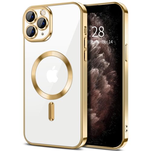 Hython Magnetic Clear for iPhone 11 Pro Case with Camera Lens Protector [Compatible with MagSafe] Luxury Plating Edge Slim Soft TPU Cover Protective Phone Case for iPhone 11 Pro 5.8", Gold - Image 1