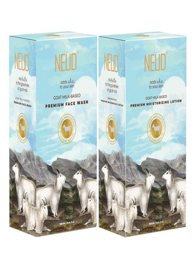 NEUD Goat Milk Premium Face Wash & Moisturizing Lotion Combo for Glowing & Brightening Skin, For Men & Women, Remove Age Spots, Prevent Wrinkles - Pack of 2 (300ml Each) - Image 1