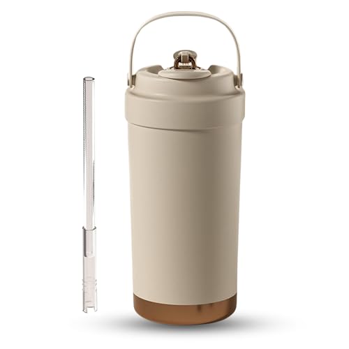 daiDokoro Stainless Steel Travel Coffee Thermos/Tumbler with Straw 8-Hour Hot & Cold Retention - Almond Brown - Image 1