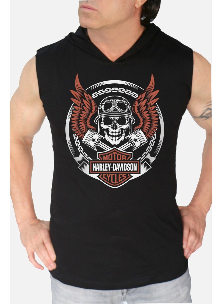 Rock&Roll Biker Skull Black Hooded Sleeveless T-Shirt  - Image 1