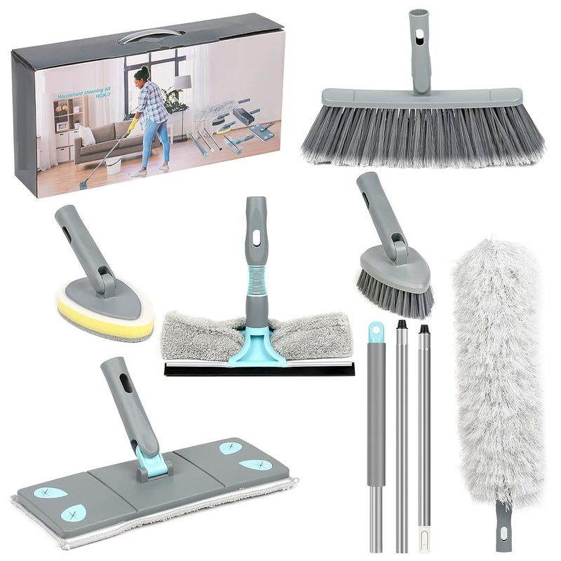 KEYOZA Microfiber Mop with Extension Pole Stainless Steel 7in1 Home Cleaning Supplies Kit with Mop Broom Ceiling Fan Duster 2in1 Squeegee Tile Scrubber Scrub Brush - Image 1
