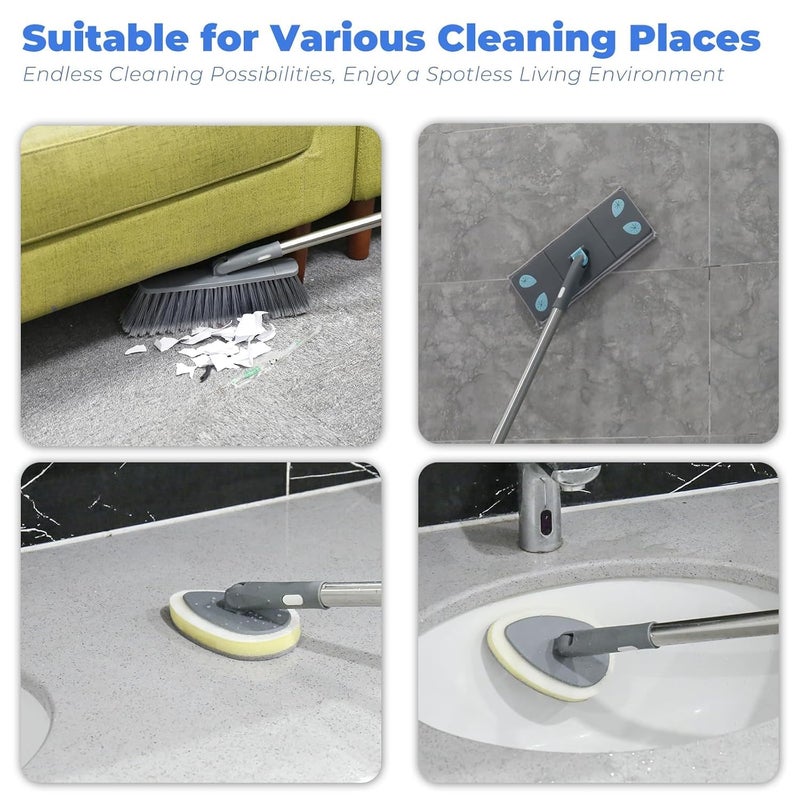 KEYOZA Microfiber Mop with Extension Pole Stainless Steel 7in1 Home Cleaning Supplies Kit with Mop Broom Ceiling Fan Duster 2in1 Squeegee Tile Scrubber Scrub Brush - Image 4