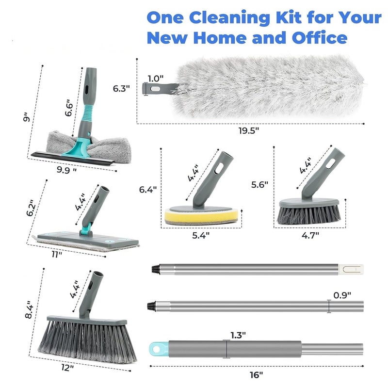 KEYOZA Microfiber Mop with Extension Pole Stainless Steel 7in1 Home Cleaning Supplies Kit with Mop Broom Ceiling Fan Duster 2in1 Squeegee Tile Scrubber Scrub Brush - Image 2