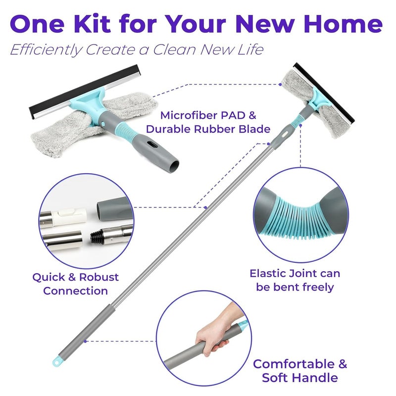 KEYOZA Microfiber Mop with Extension Pole Stainless Steel 7in1 Home Cleaning Supplies Kit with Mop Broom Ceiling Fan Duster 2in1 Squeegee Tile Scrubber Scrub Brush - Image 3