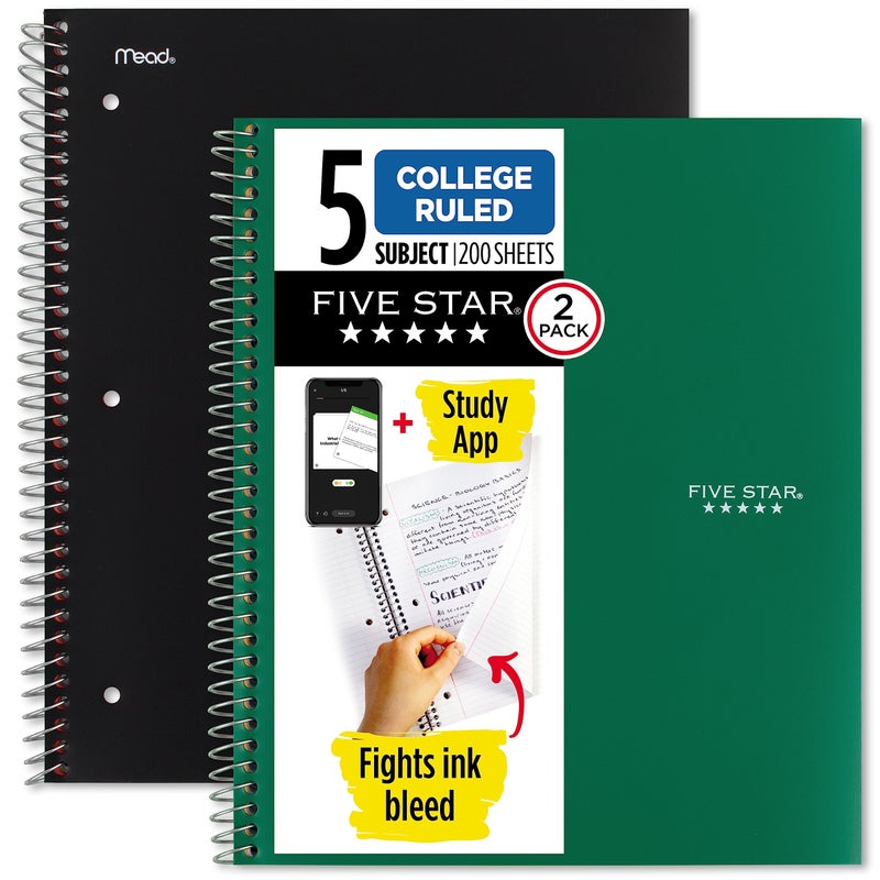 Five Star Spiral Notebook + Study App, 5 Subject, College Ruled Paper, 11" x 8-1/2", 200 Sheets, Black & Forest Green, 2 Pack (820190) - Image 1