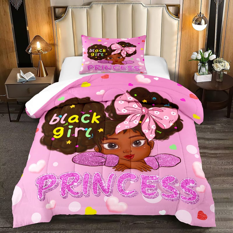 Jiospet Black African American Girls Twin  Black Girl Comforter Set for Kids Bedroom Pink Princess Room Decor Kids Bedding Sets for Girls Twin 1 Comforter 1 Pillowcase
