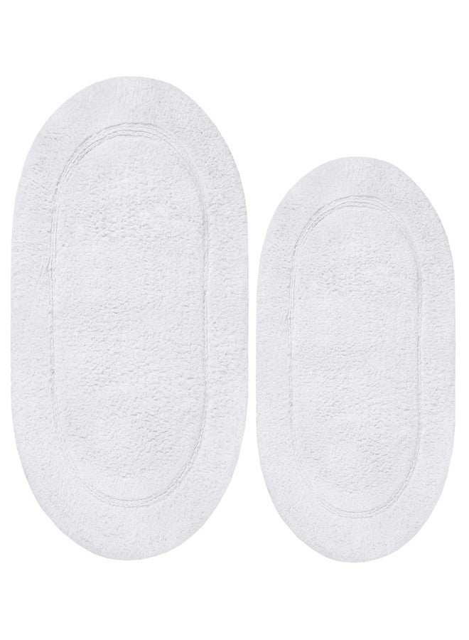 Superior Non-Slip 2 Piece Bath Rug Set, Ultra Plush, Soft and Absorbent 100% Combed Cotton Pile - Traditional Oval Bath Mat Set, White - Image 2