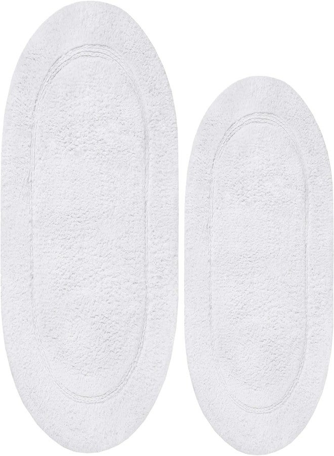 Superior Non-Slip 2 Piece Bath Rug Set, Ultra Plush, Soft and Absorbent 100% Combed Cotton Pile - Traditional Oval Bath Mat Set, White - Image 1