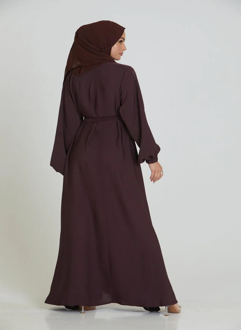 NUKHBAA Elegant Purple plain abaya wityh belt and Hijab-AB92