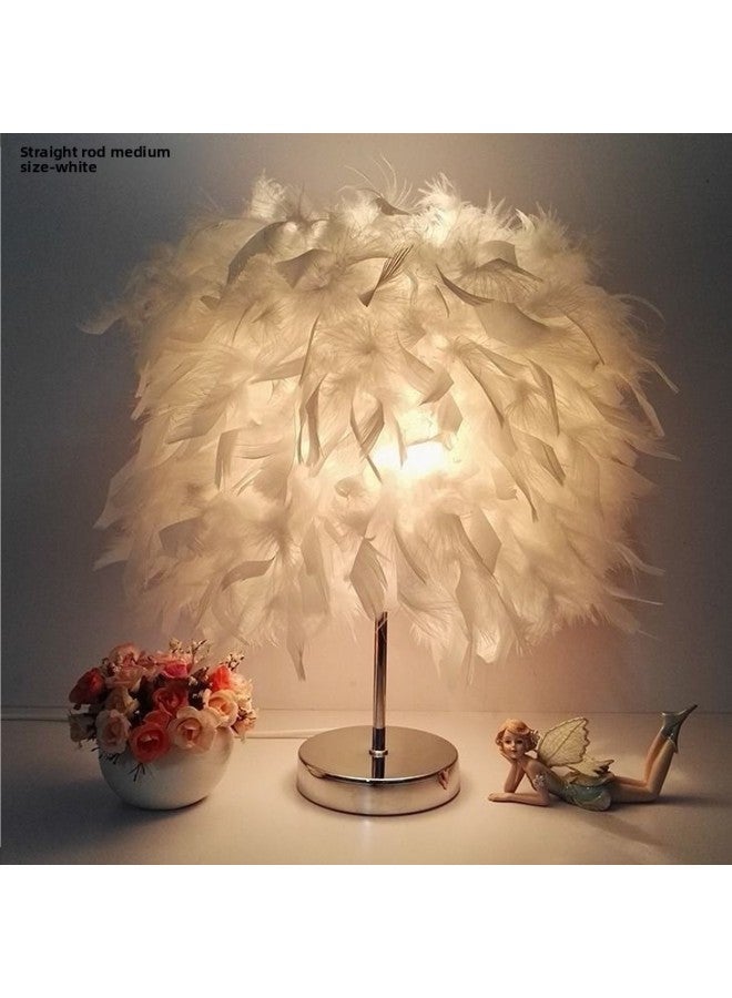Internet Famous Feather Table Lamp Bedroom Bedside Table Ins Creative Fashion European Style Romantic Simple Bedroom Table Lamp-Light Source Power:Button Switch-three-color Dimming-Light Color:Silver Rod-small White Feather