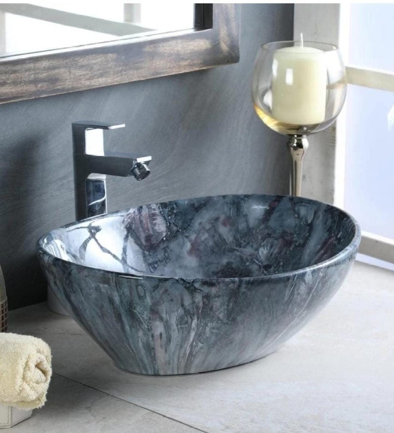 NEROBI Designer Glossy Finish Table Top Ceramic Wash Basin Vessel Sink with Slim Rim | Beautiful Ovel Shape Wash Basin (Boat Navy Blue wash Basin, 16 x 13 x 5 Inch) - Image 1