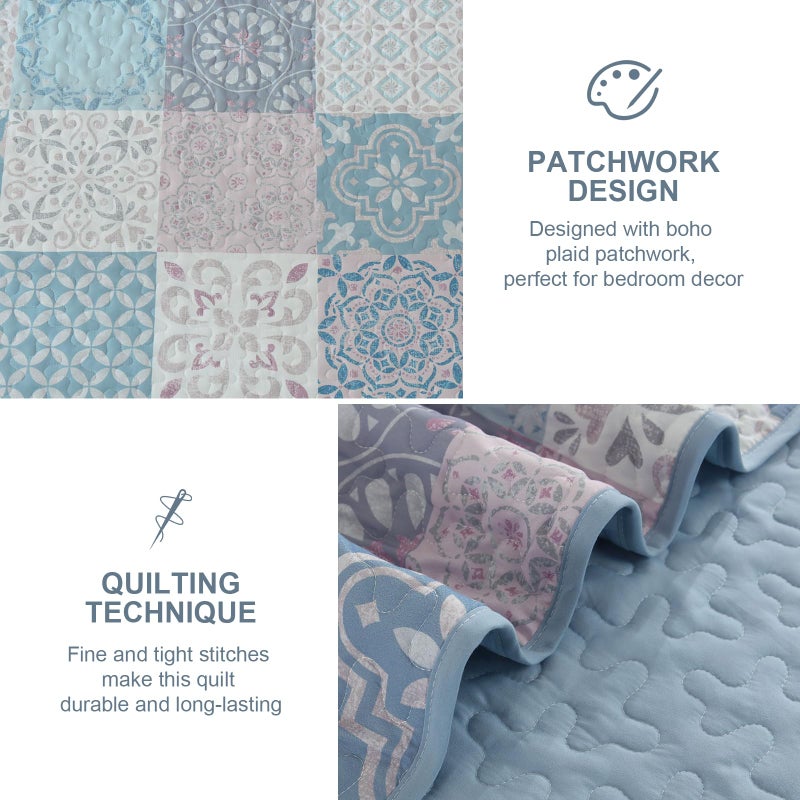 Dobuyly Boho Patchwork Quilt Set Queen Size, Light Blue/Pink Plaid Bedspread Coverlet Set, 3 Pieces Soft Lightweight Farmhouse Quilt Bedding Set for All Seasons 96"x90" - Image 4
