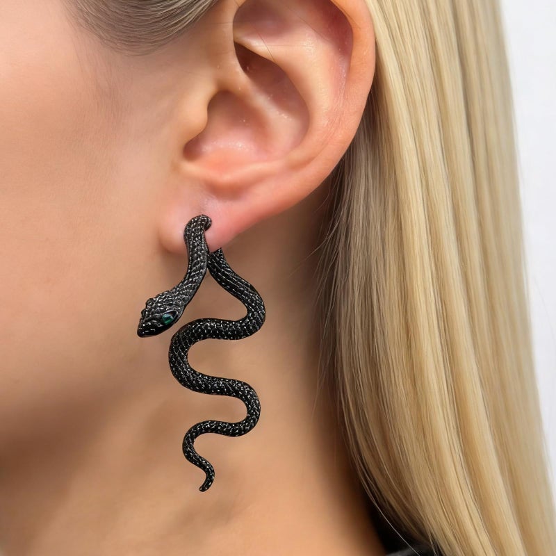 HTH Snake Earrings for Women Gothic Punk Front Back Snake Stud Earrings Accessories(Black) - Image 2