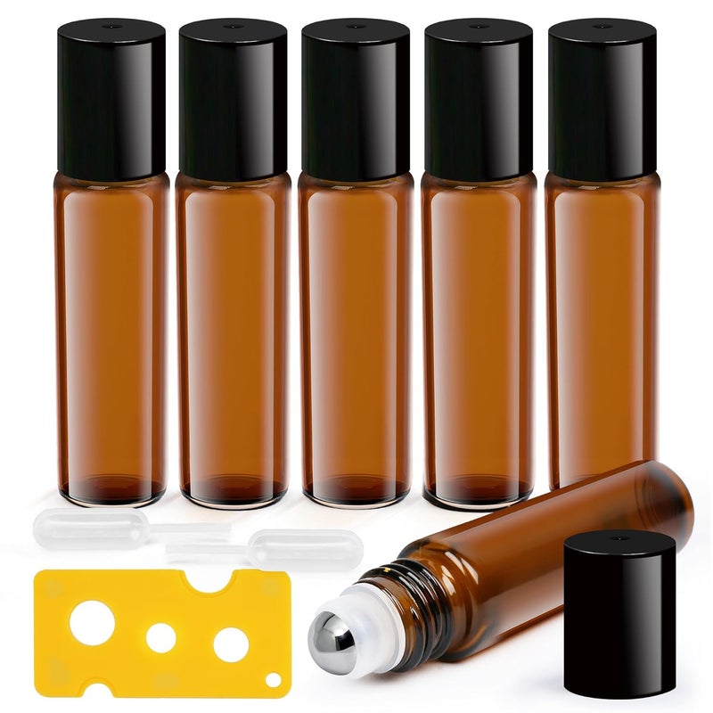 LotFancy LotFancy Essential Oil Roller Bottles, 6pc 10ml Amber Glass Bottle with Stainless Steel Roller Balls and Caps, Leakproof Perfume Bottles for Travel, Includes 2pc 4ml Droppers 