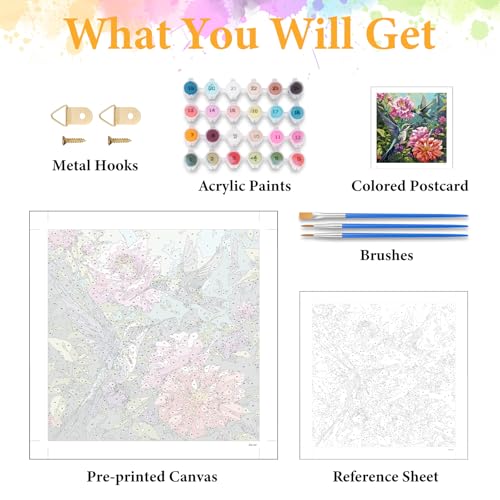 Okarina Paint by Numbers Kit for Adults Beginner Hummingbird, Flower Adult Paint by Number Kits on Canvas, Bird DIY Acrylic Oil Painting by Numbers for Adults, Perfect for Home Wall Decor 16X16 Inch - Image 5