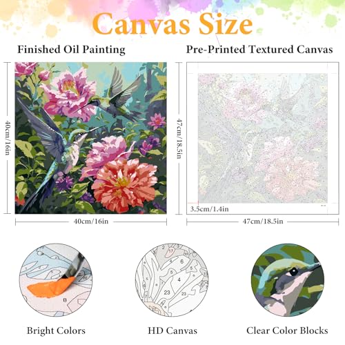 Okarina Paint by Numbers Kit for Adults Beginner Hummingbird, Flower Adult Paint by Number Kits on Canvas, Bird DIY Acrylic Oil Painting by Numbers for Adults, Perfect for Home Wall Decor 16X16 Inch - Image 2