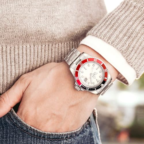 FANMIS Mens Luxury Watches Rotatable Bezel Mineral Glass Luminous Hand Quartz Silver Tone Stainless Steel Watch (White Red) - Image 3