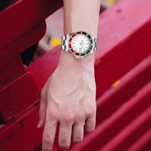 FANMIS Mens Luxury Watches Rotatable Bezel Mineral Glass Luminous Hand Quartz Silver Tone Stainless Steel Watch (White Red) - Image 4