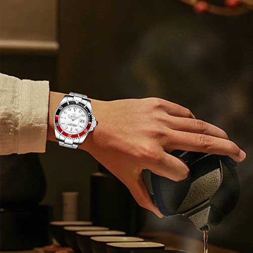 FANMIS Mens Luxury Watches Rotatable Bezel Mineral Glass Luminous Hand Quartz Silver Tone Stainless Steel Watch (White Red) - Image 5