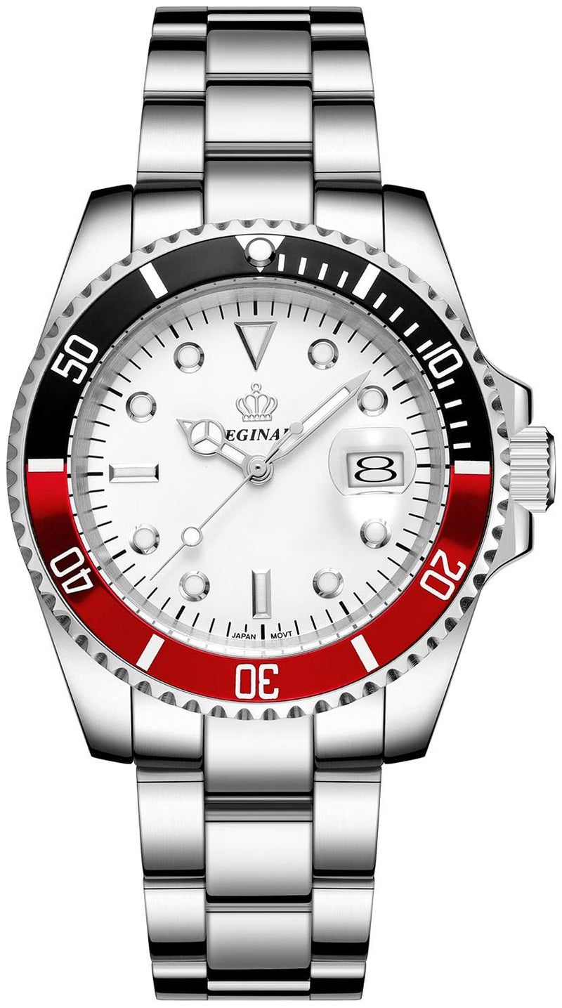 FANMIS Mens Luxury Watches Rotatable Bezel Mineral Glass Luminous Hand Quartz Silver Tone Stainless Steel Watch (White Red) - Image 1