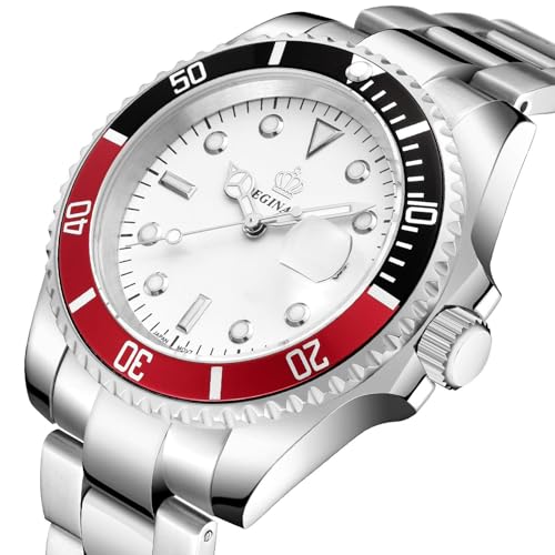 FANMIS Mens Luxury Watches Rotatable Bezel Mineral Glass Luminous Hand Quartz Silver Tone Stainless Steel Watch (White Red) - Image 2