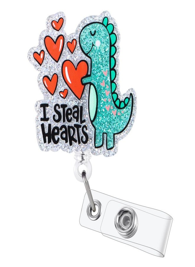 BEZTN I Steal Hearts Cute Dinosaur Badge Reel, Retractable ID Card Funny Badge Holder with Alligator Clip, Name Tag Badge Buddy for Nurse Doctor Nursing Student Teacher Social Worker RN CNA LPN MA Gifts - Image 1