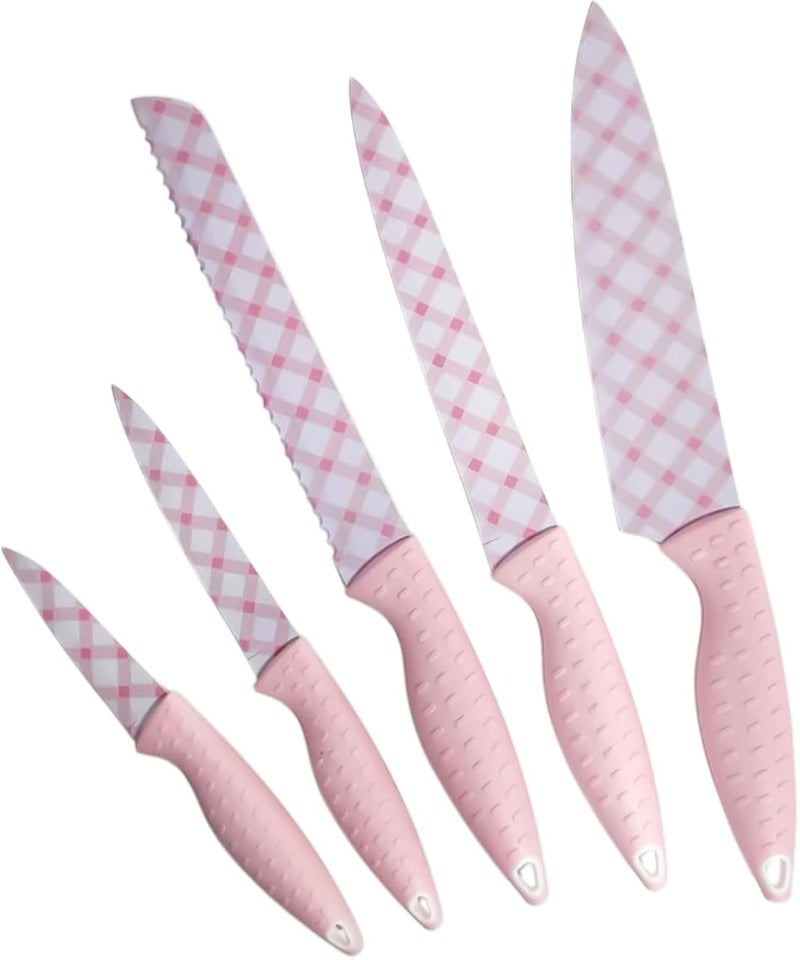 5 pcs Chef Knife Set, Kitchen Knives Set with Strong Handles, sharp kitchen knives, Super Sharp Cutlery Set, High-Quality Stainless Steel Blades for Professional and Home Chef (Pink)