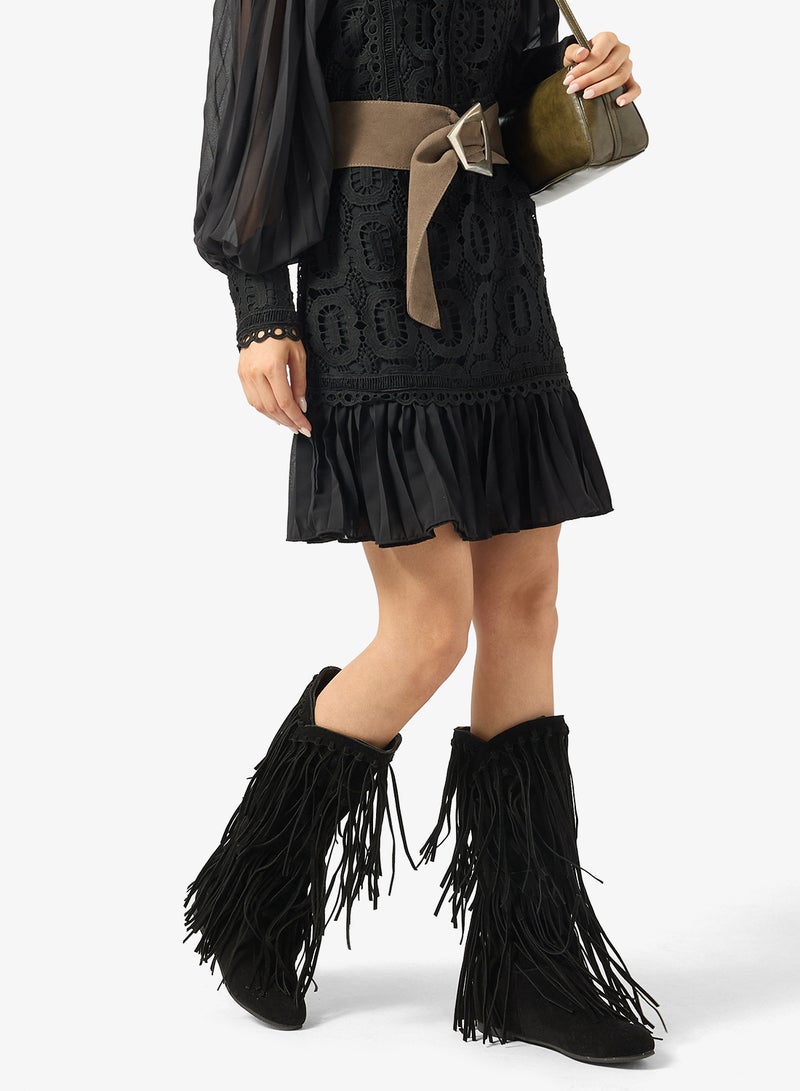 Ginger Block Heel Fringe Detail Boots