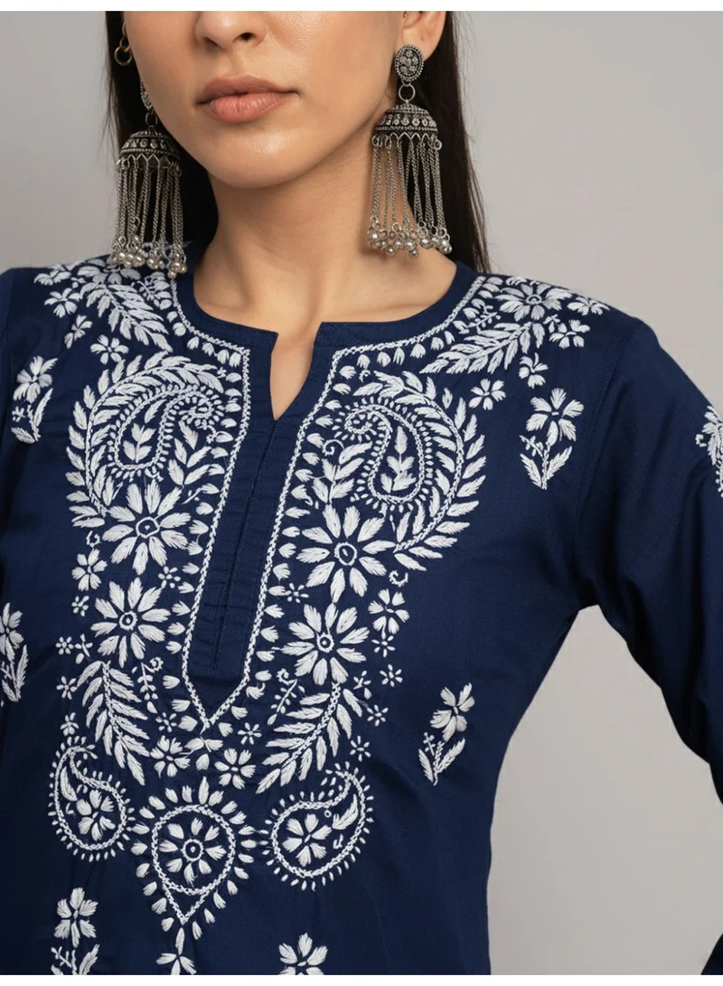 Alaya Navy Hand Embroidered Chikankari Cotton Straight Kurta-AL3561 for Women | Best Price UAE