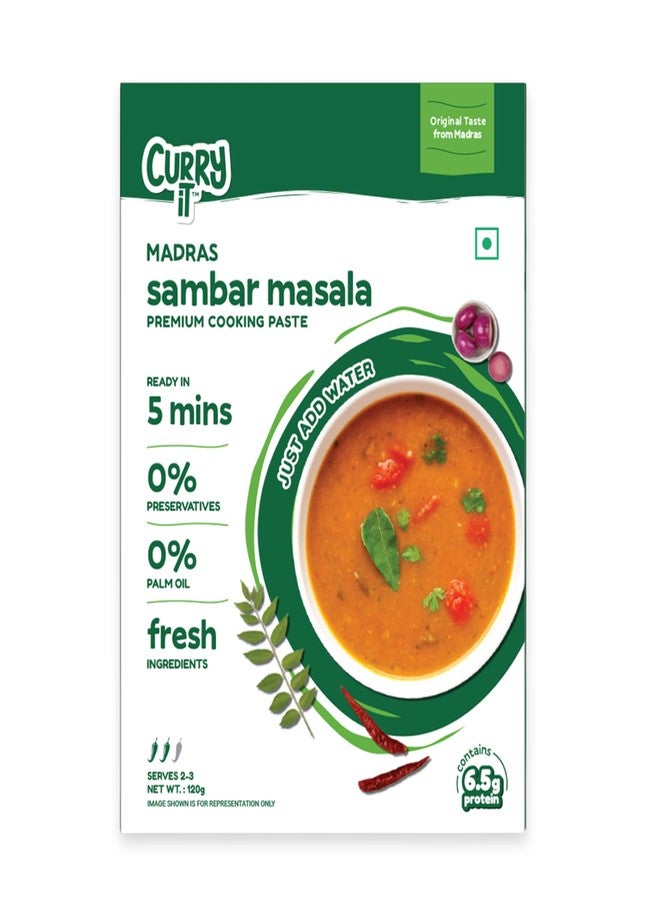 CURRYiT Madras Sambar Masala Paste | Ready in 5 Mins | Just Add Water and Cook | 100% Fresh Ingredients | No Palm - No Preservatives | Ready to Cook Instant Sambhar Masala Mix | Authentic South Indian Recipe | 120gm - Image 1