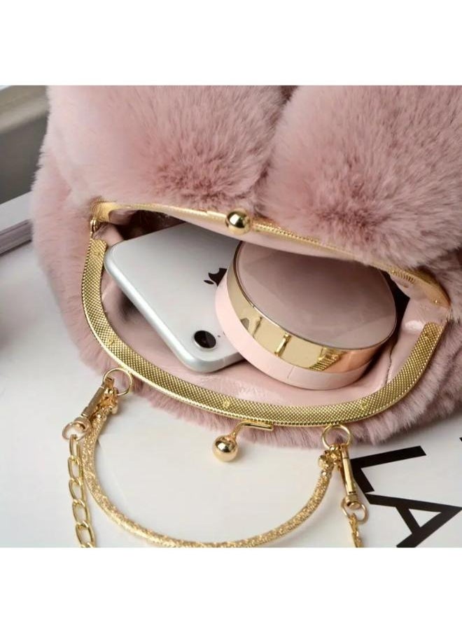 Executive LLC - Cute Soft Rabbit Ear Sling Hand Bag With Smooth Zipper,Cross Body Bag For Girls,Clutch Purse with Gold Metal Chain Strap, Plush Side Bag, Shoulder hand Purse(Pink) - Image 1