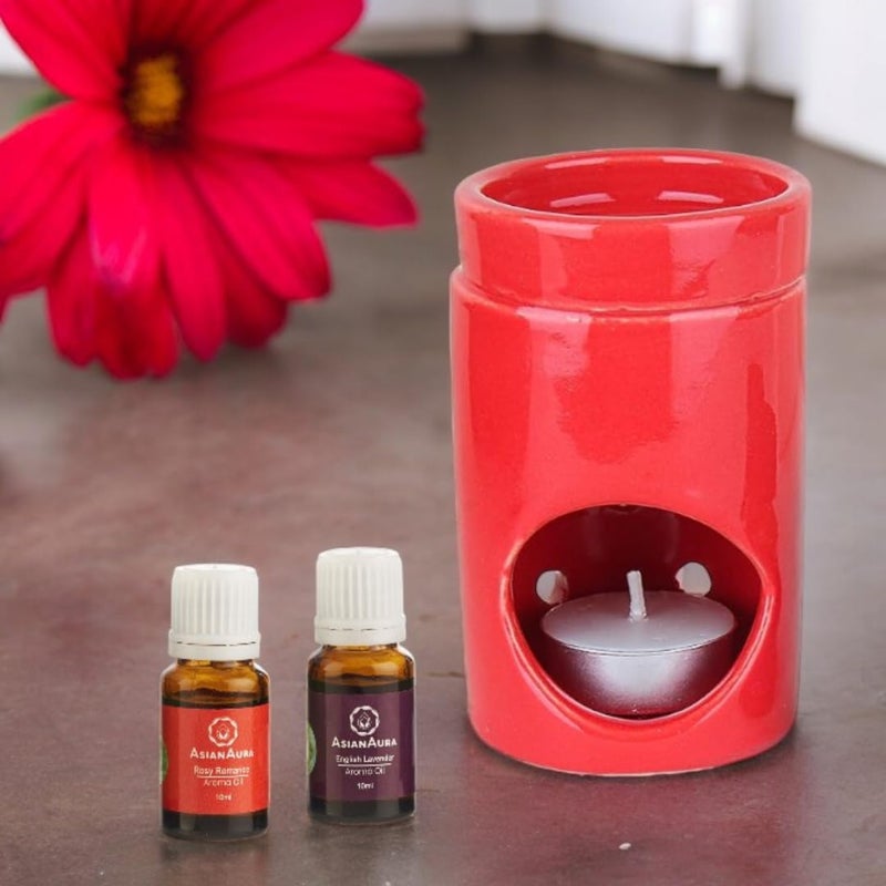 ASIAN AURA Asian Aura Ceramic Aroma Oil Burner Tea Light Candle Diffuser Oil Warmer for Home Fragrance with 1 Tea Light Candle and 1 Aromatic Oil English Lavender Red Ring Burner Pot  - Image 1