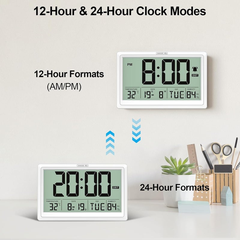 XREXS Digital Wall Clock, 10.4" Large Display – Battery Powered with Date, Day, Temp/Humidity, Alarm & Touch Snooze, Auto DST, Ideal for Bedroom, Living Room, Home Office - Image 4