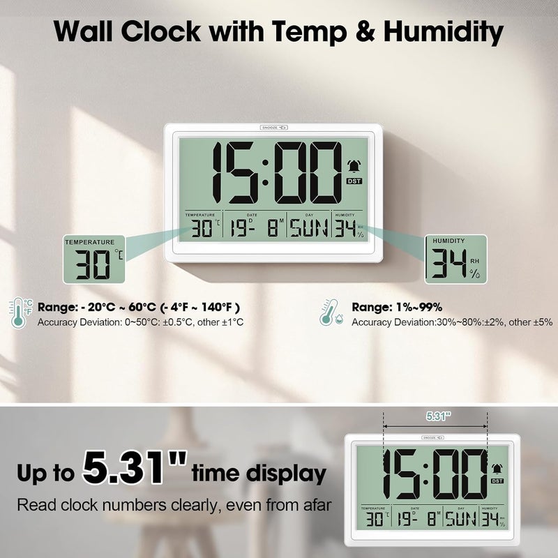 XREXS Digital Wall Clock, 10.4" Large Display – Battery Powered with Date, Day, Temp/Humidity, Alarm & Touch Snooze, Auto DST, Ideal for Bedroom, Living Room, Home Office - Image 2