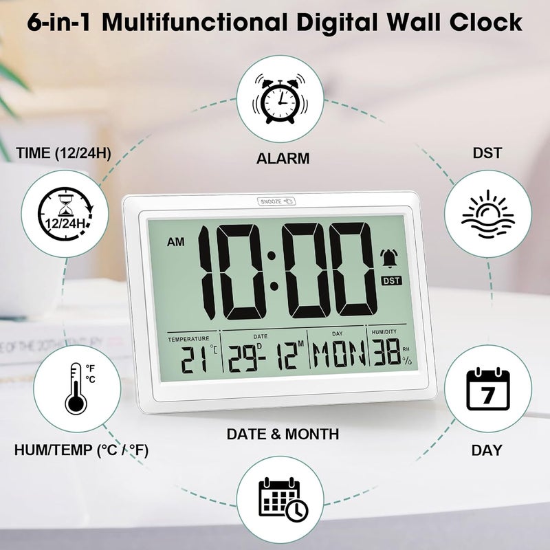 XREXS Digital Wall Clock, 10.4" Large Display – Battery Powered with Date, Day, Temp/Humidity, Alarm & Touch Snooze, Auto DST, Ideal for Bedroom, Living Room, Home Office - Image 3