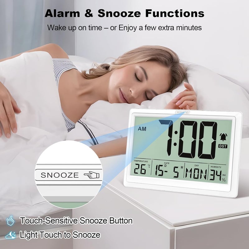 XREXS Digital Wall Clock, 10.4" Large Display – Battery Powered with Date, Day, Temp/Humidity, Alarm & Touch Snooze, Auto DST, Ideal for Bedroom, Living Room, Home Office - Image 5