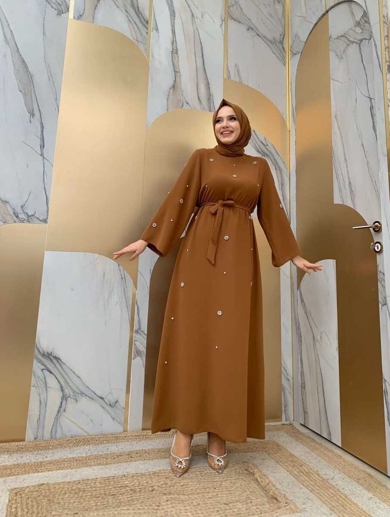 Bym Fashion Bym Stone Detailed Waist Belted Dress 3797 Tan - Image 2
