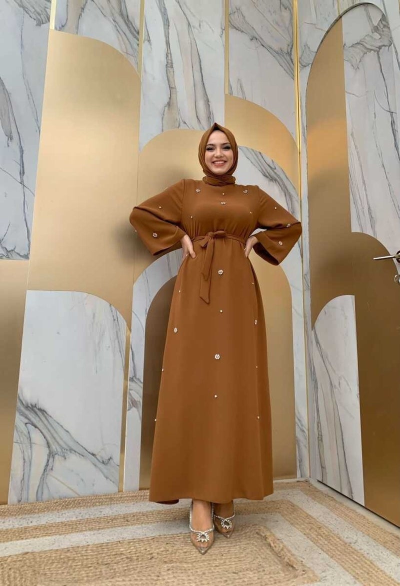 Bym Fashion Bym Stone Detailed Waist Belted Dress 3797 Tan - Image 1