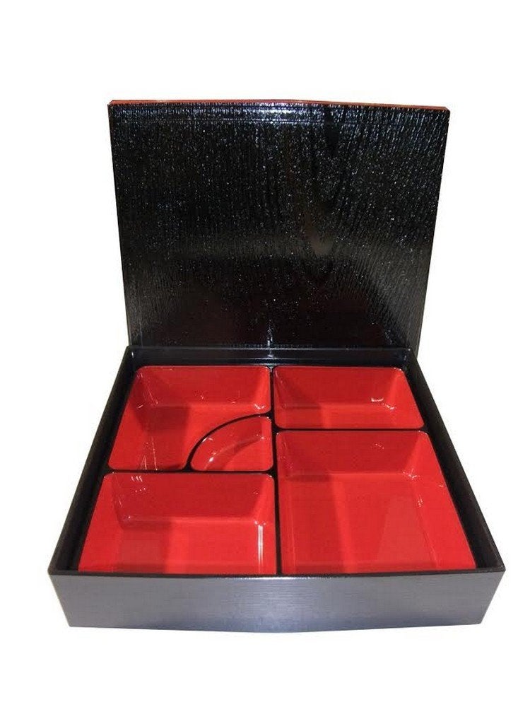 JapanBargain 1923 Red and Black Japanese Traditional Plastic Lacquered Lunch Bento Box 5 Compartments for Restaurant or Home Tray Plate and Lid 3pc Set Made in Japan 95x95
