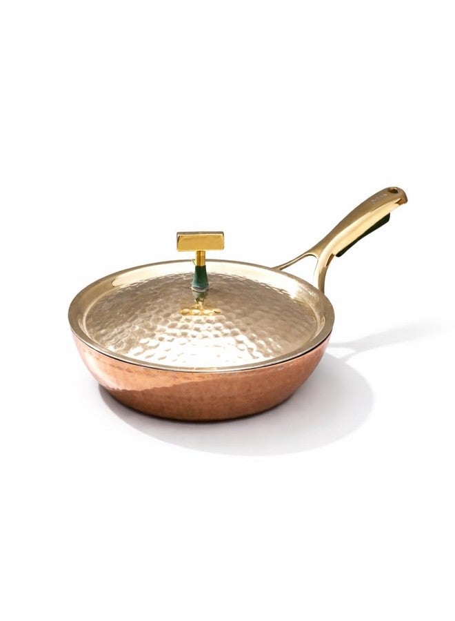 P-TAL Handcrafted Copper Frying Pan with Insulated Brass Handle, Non-Toxic Malaysian Tin Coating, Naturally Non-Stick, 1.5 kg, with Lid - Image 1