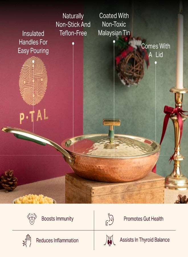 P-TAL Handcrafted Copper Frying Pan with Insulated Brass Handle, Non-Toxic Malaysian Tin Coating, Naturally Non-Stick, 1.5 kg, with Lid - Image 3
