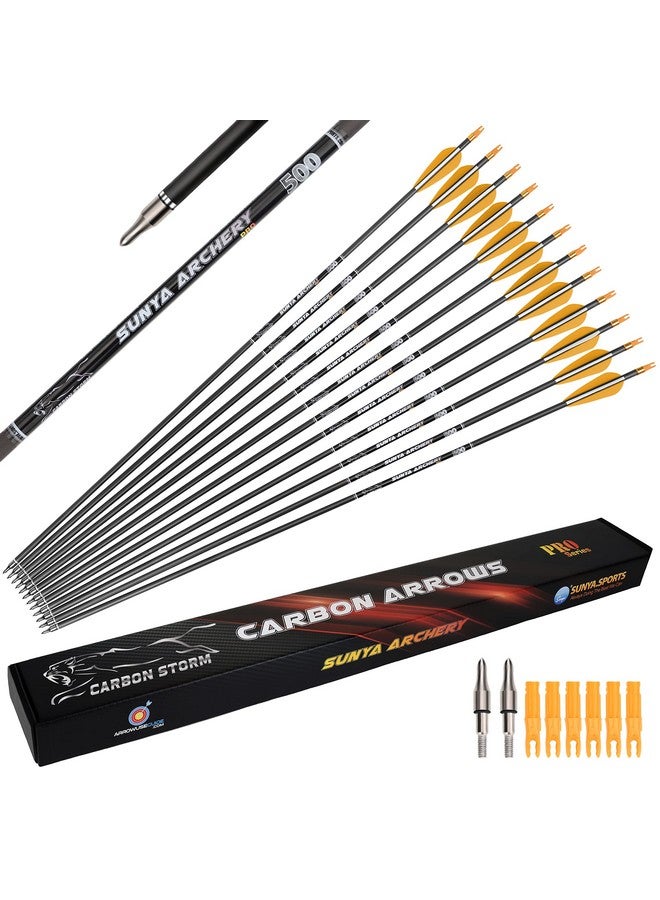 Sunya Archery Hunting Arrows For Compound Bow And Recurve Bow. Gpi 9 Grains -30In Carbon Shaft - Spine 500 - Removable Tips. Pack Of 12  - Image 1
