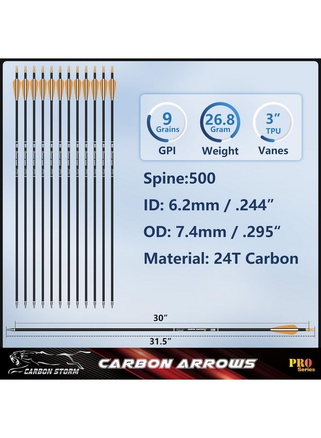 Sunya Archery Hunting Arrows For Compound Bow And Recurve Bow. Gpi 9 Grains -30In Carbon Shaft - Spine 500 - Removable Tips. Pack Of 12  - Image 2