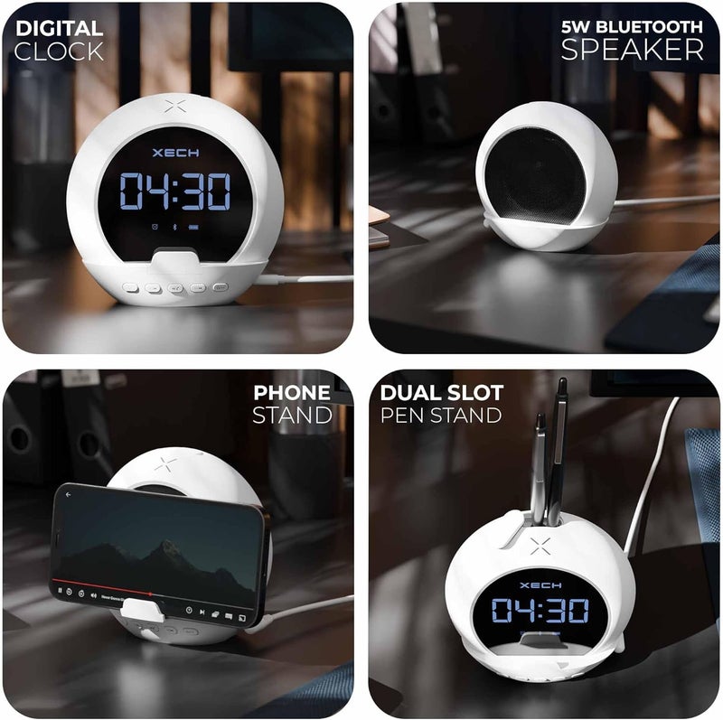 Xech Digital Alarm Clock for Students & Heavy Sleepers Small Table LED Clocks with Speaker Phone Holder Pen Stand Bedroom Study Room Home Desk (Ellipse) (White) - Image 2