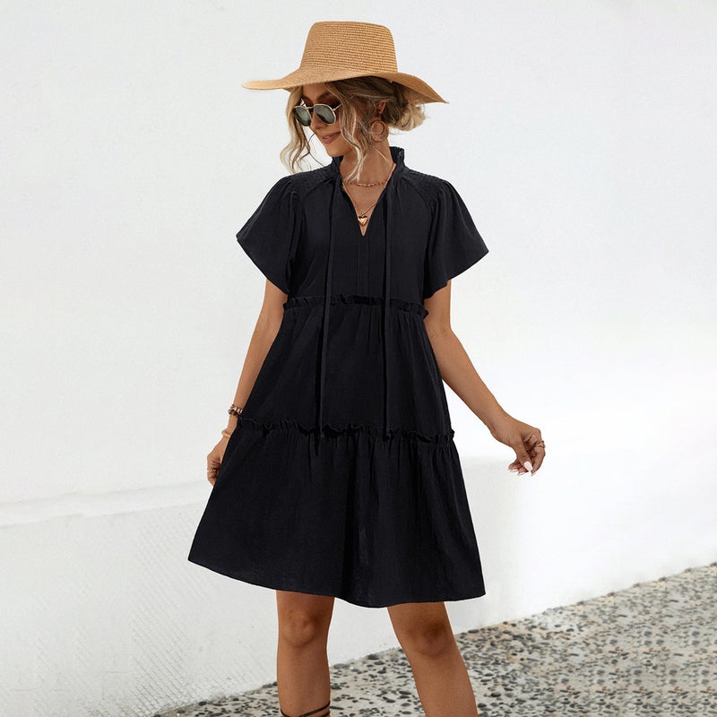 Women's Tie-up Lace A-line Midi Dress with Flutter Sleeves - Image 1