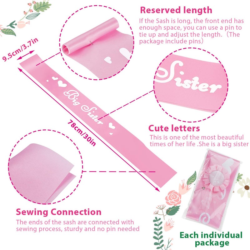 WILLBOND 3 Pcs Big Sister Accessory Set Big Sister Flower Crown Satin Sash Pin Gifts for Baby Shower Party(Pink) - Image 3
