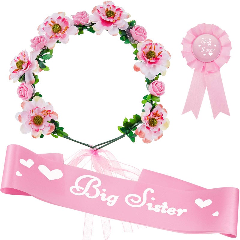 WILLBOND 3 Pcs Big Sister Accessory Set Big Sister Flower Crown Satin Sash Pin Gifts for Baby Shower Party(Pink) - Image 1