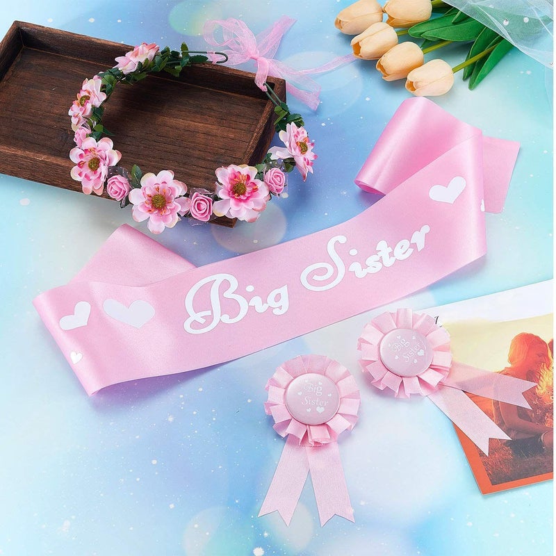 WILLBOND 3 Pcs Big Sister Accessory Set Big Sister Flower Crown Satin Sash Pin Gifts for Baby Shower Party(Pink) - Image 5